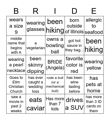 Angela's Bridal Shower Bingo Card