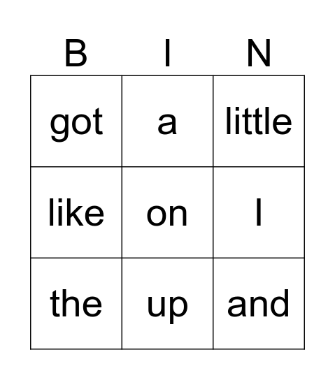 Sight Words Bingo Card