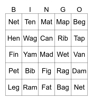 Sounds Great Word Families Bingo Card