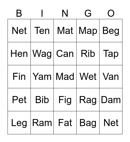 Sounds Great Word Families Bingo Card