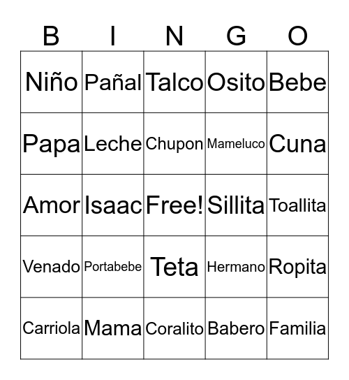 Yajahira's Baby Shower Bingo Card