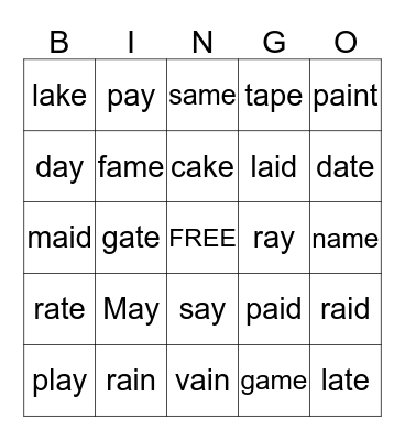 Long A sounds Bingo Card