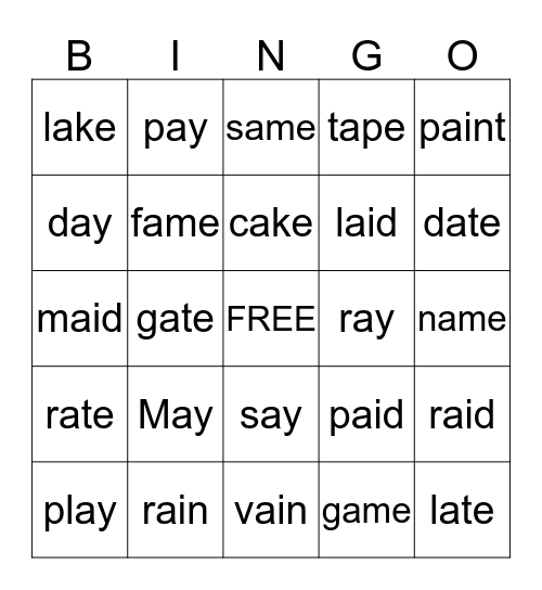Long A sounds Bingo Card