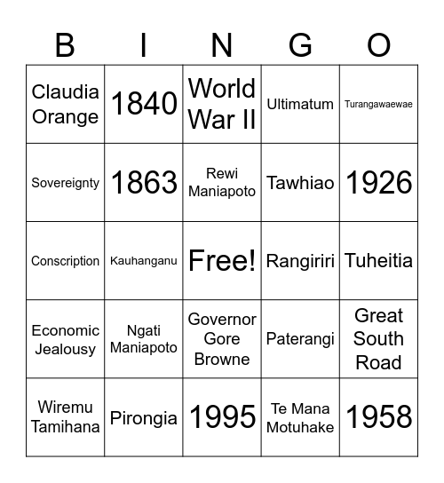 Kiingitanga Bingo Card