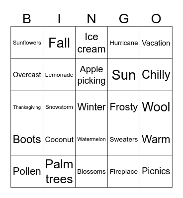 Weather and seasons Bingo Card