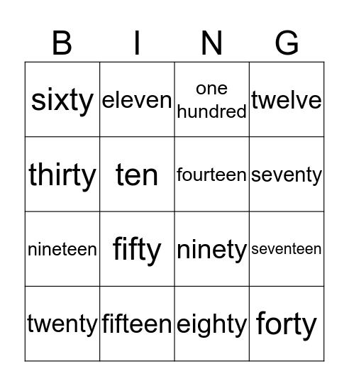 number words Bingo Card