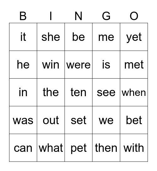 what, were, was, with & when Bingo Card