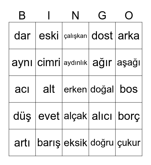 Zıt Anlamlı Sözcükler Bingo Card