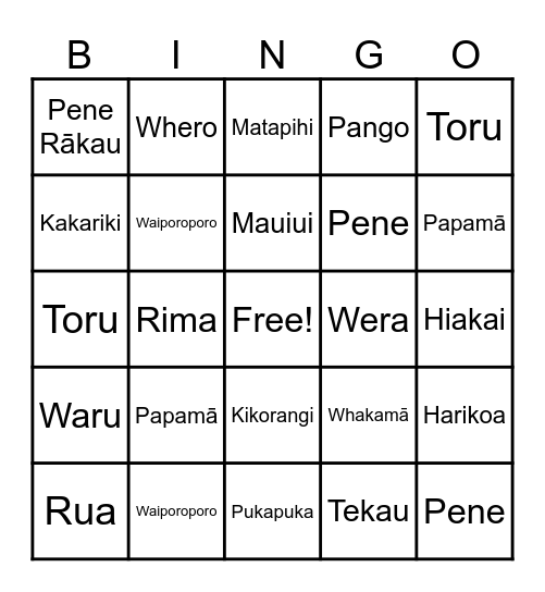 Te Reo Māori Kupu Bingo Card