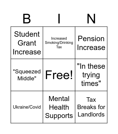 Irish Budget Bingo Card