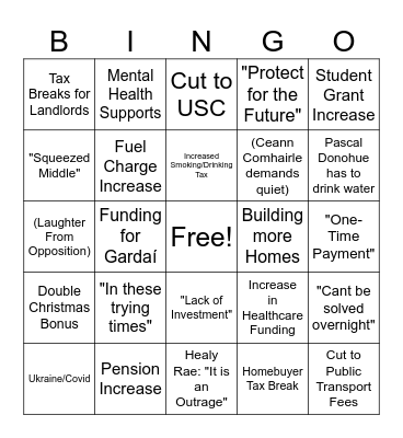 Irish Budget Bingo Card