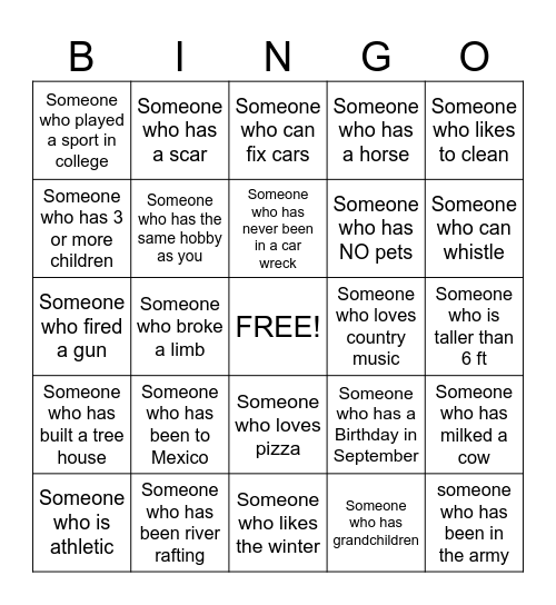 Getting to know you Bingo Card