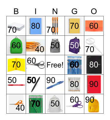 Colors, numbers, school supplies Bingo Card