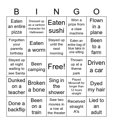 Never Have I Ever Bingo Card