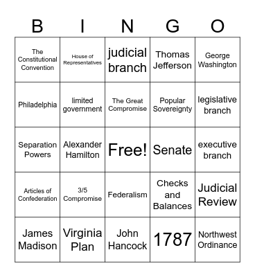 US Constitution Bingo Card