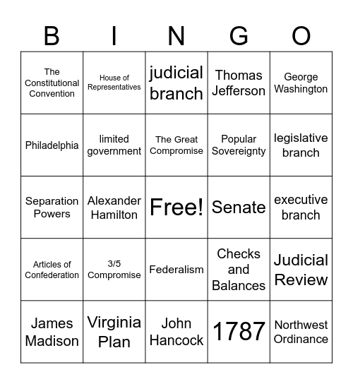 US Constitution Bingo Card