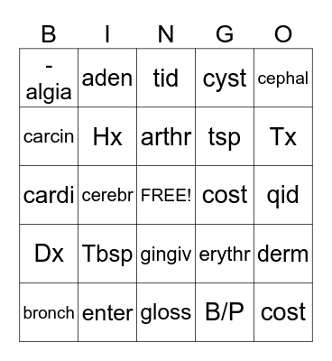 Medical Terminology Bingo Card