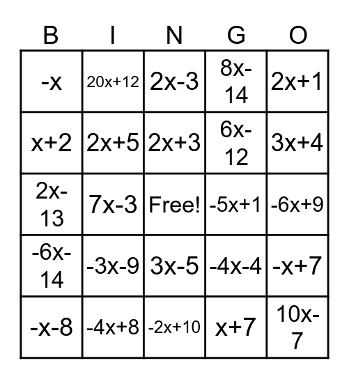 Combining Like Terms and Distribution Bingo Card