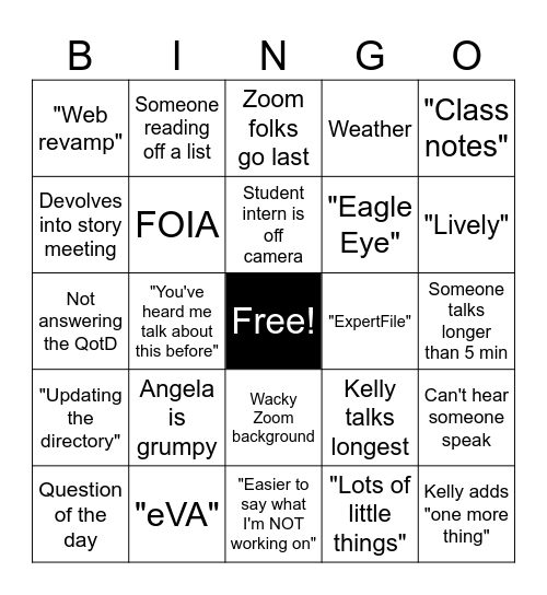 Staff Meeting Bingo Card