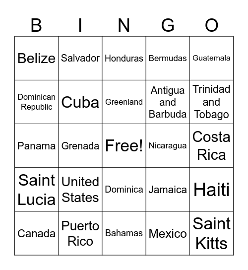 North American Continent Bingo Card