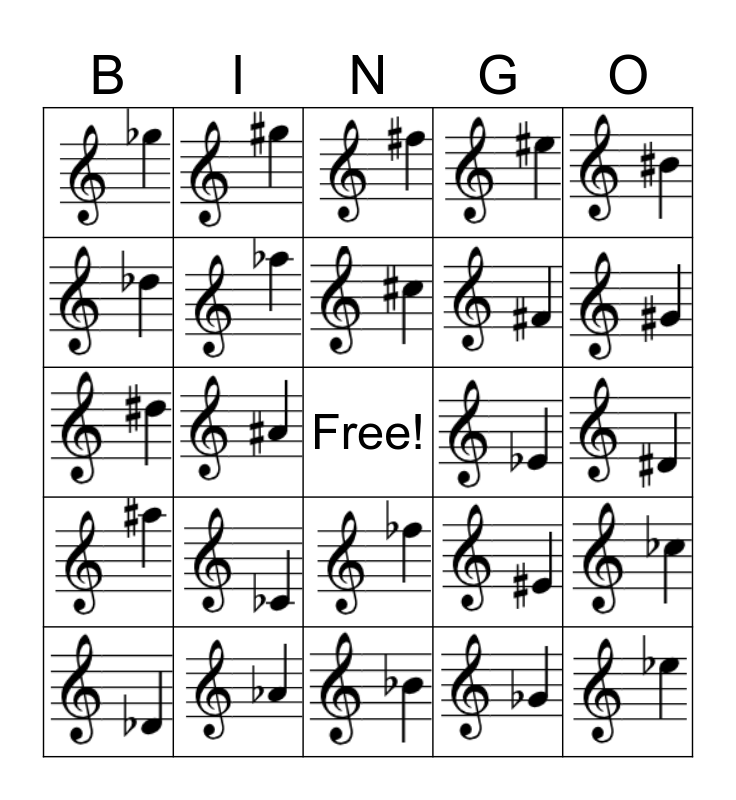 Treble Clef Sharps and Flats Bingo Card