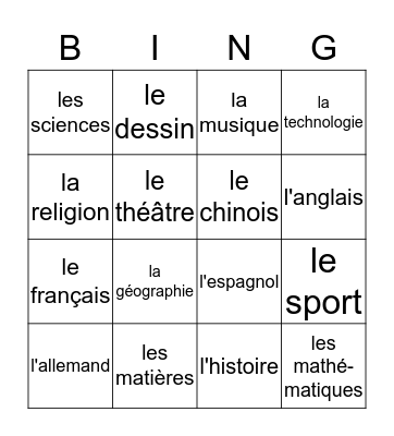 Les Matières Bingo Card