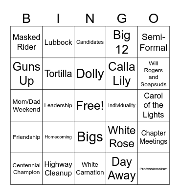 AΩE and Texas Tech Bingo! Bingo Card