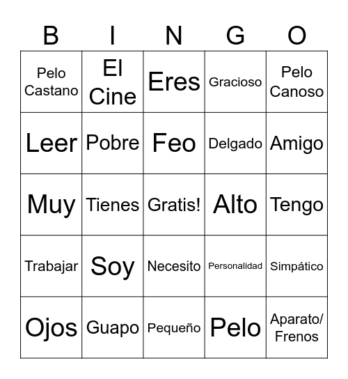 Adjetivos-Ch. 2 Bingo Card