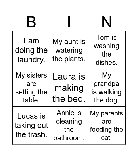 Start Up 2 Unit 3 Lesson 1: "Household Chores" Bingo Card