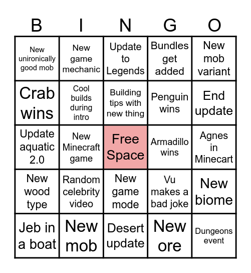 Minecraft Live 2023 Bingo Card