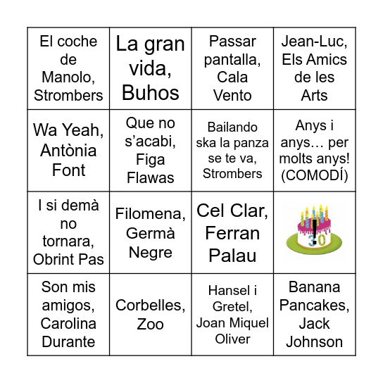 30 ANYS, 30 CANÇONS Bingo Card