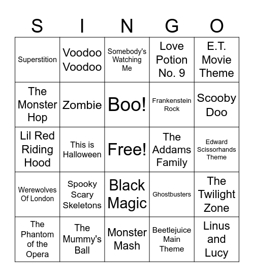 Halloween Singo Party Bingo Card