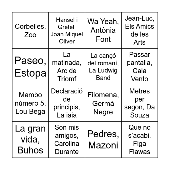 30 anys, 30 cançons Bingo Card