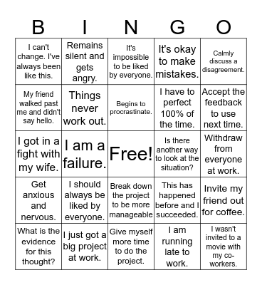 Irrational Thinking Bingo Card