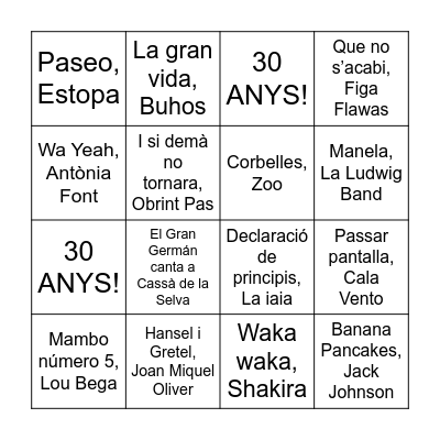 30 ANYS, 30 CANÇONS Bingo Card