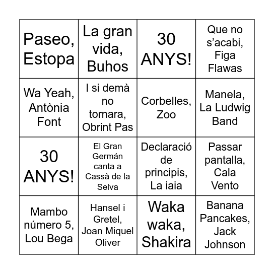 30 ANYS, 30 CANÇONS Bingo Card