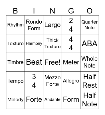 Elements of Music Bingo Card