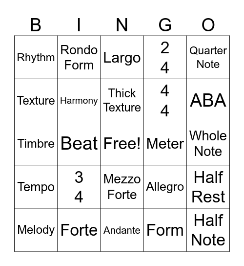 Elements of Music Bingo Card