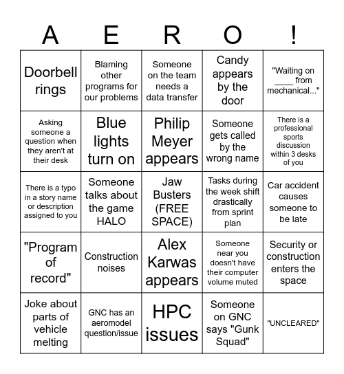 Sprint 15 Bingo Card