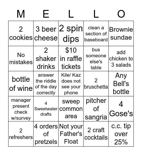 Mellow Bingo Card