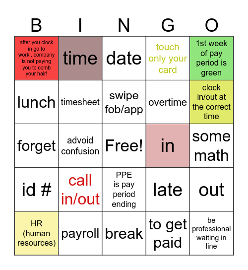 clocking in/out Bingo Card