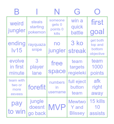 pokemon unite Bingo Card