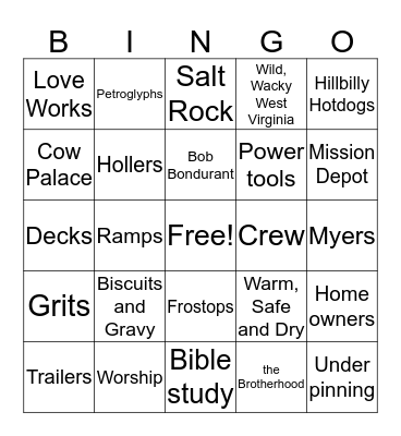 West Virginia Work Camp Bingo Card