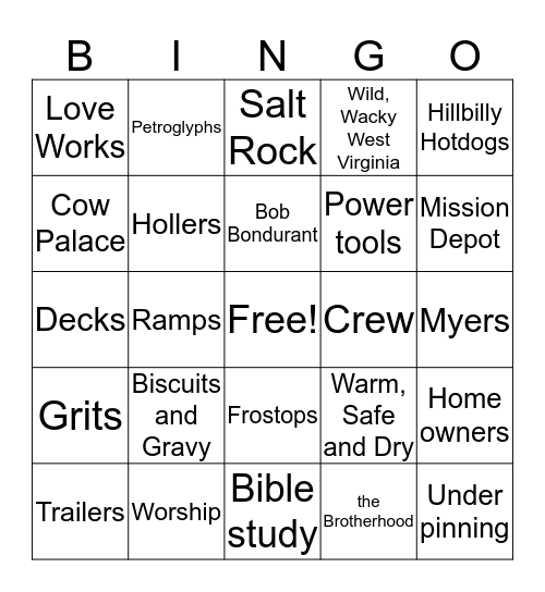 West Virginia Work Camp Bingo Card