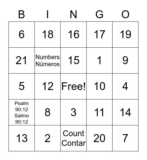 Numbers 1-21 Bingo Card