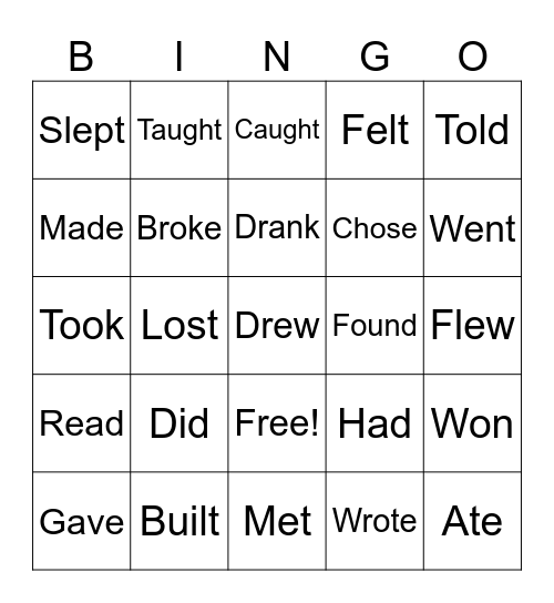 Simple Past - Irregular Verbs Bingo Card
