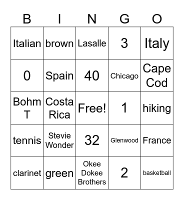 Jason's 40th Birthday Bingo Card