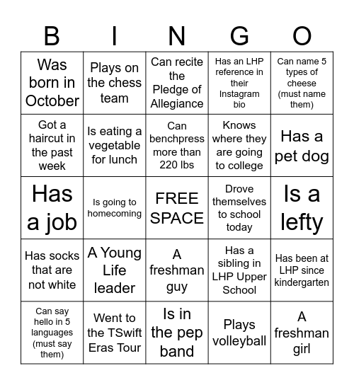 LHP Young Life Bingo Card