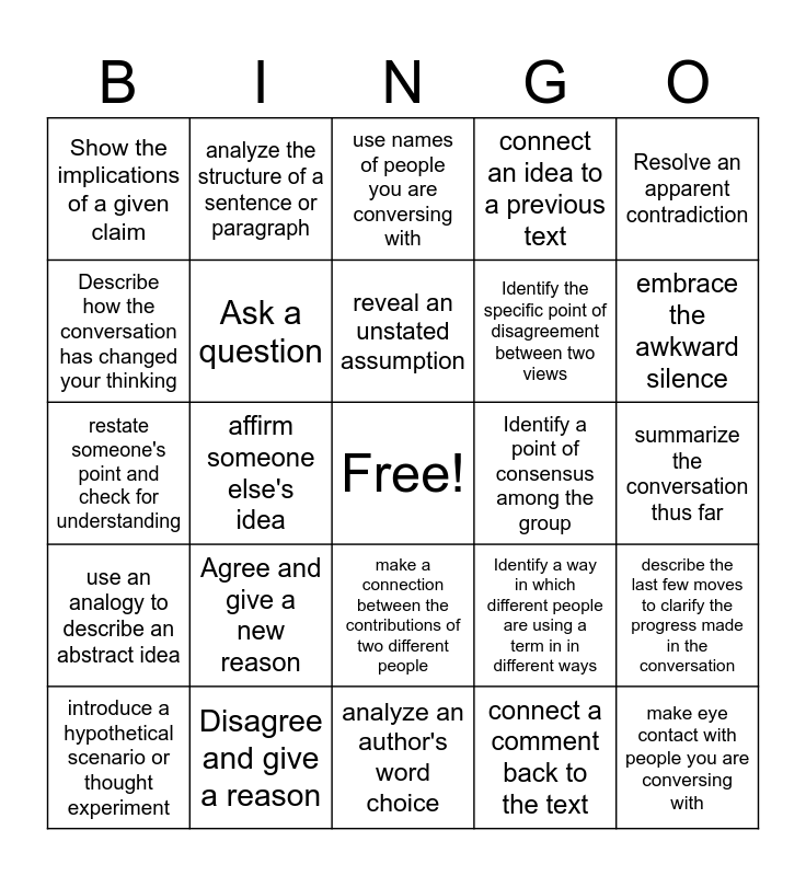 Discussion Moves Bingo Card