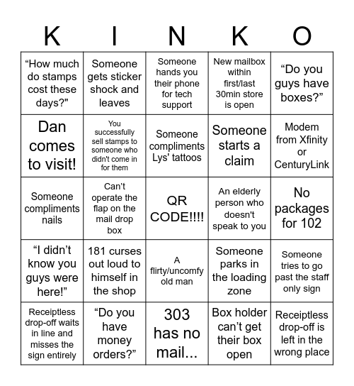 Hot Mess Express "KINKO" Bingo Card